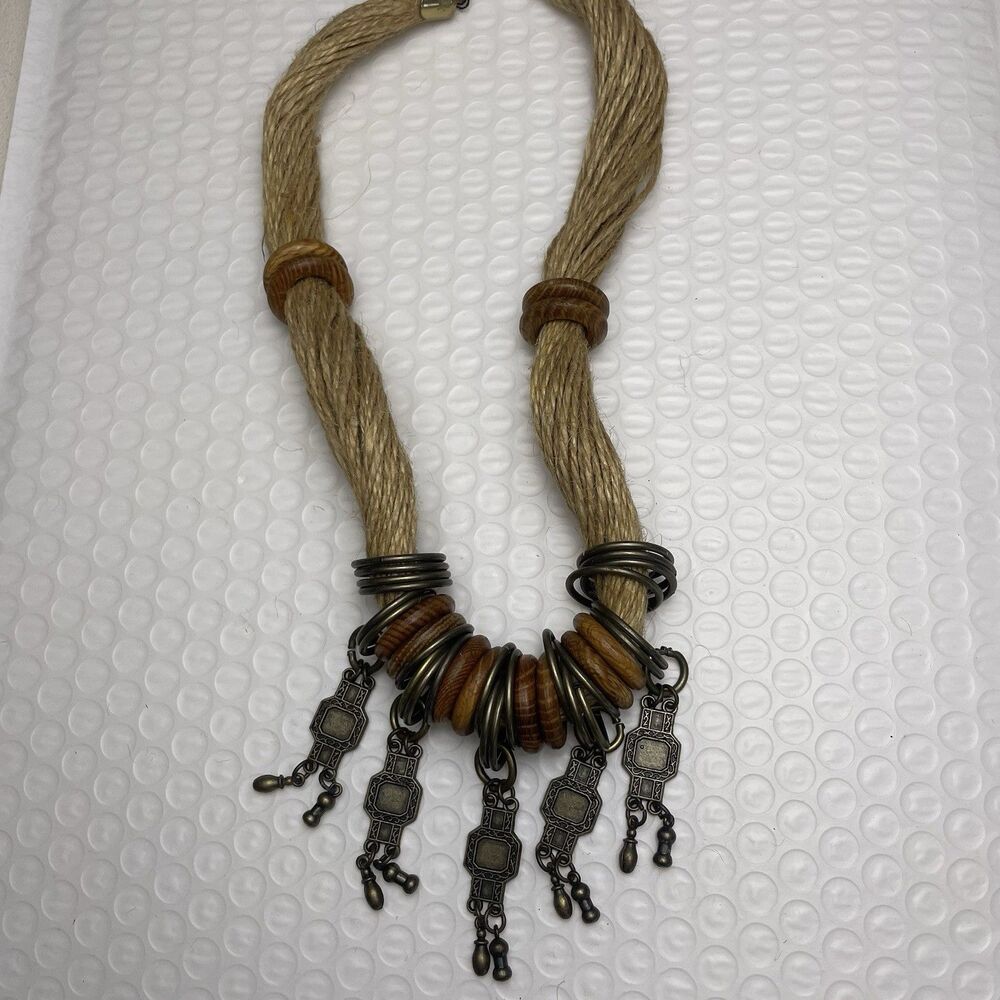Handmade Necklace Wood Beads Metal Dangle Accents Wearable Art